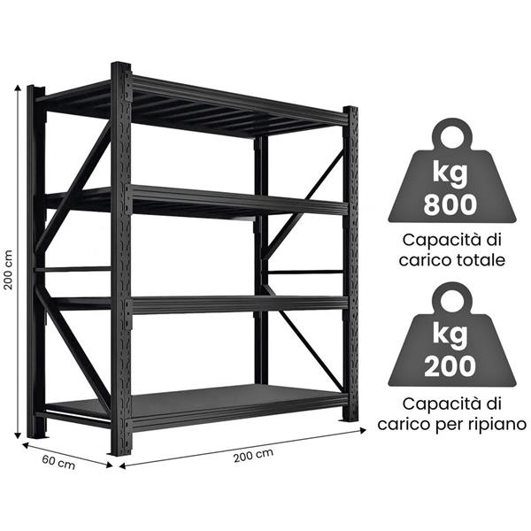 Scaffale rack in metallo 4 ripiani 200x60x200 cm per carichi pesanti 600 kg nero
