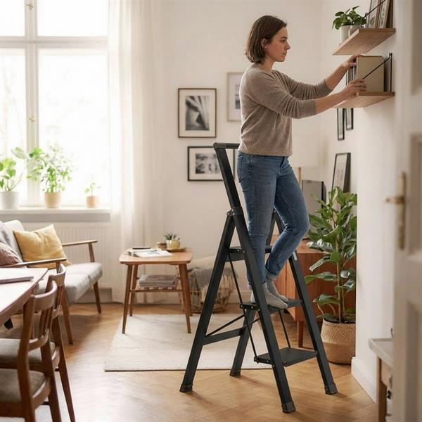 Scala piatta 3 Gradini in alluminio nera antiscivolo uso domestico 150 kg