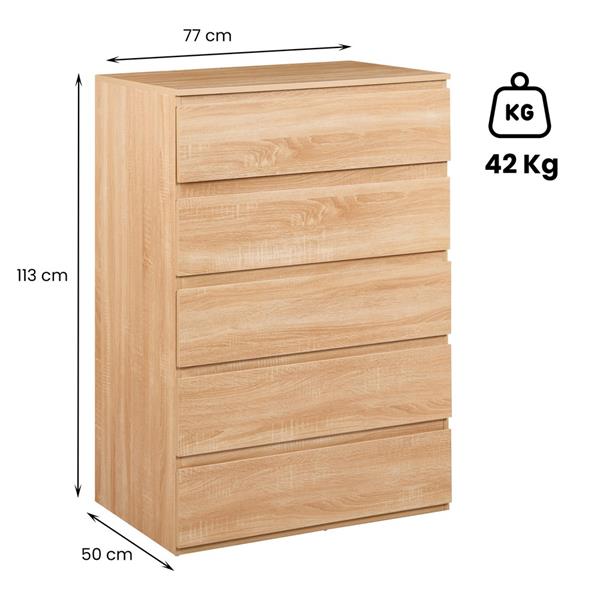 Cassettiera camera da letto con 5 cassetti legno naturale - Vale