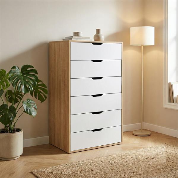 Cassettiera 6 cassetti bianca e rovere 68x40x115 cm - Sky
