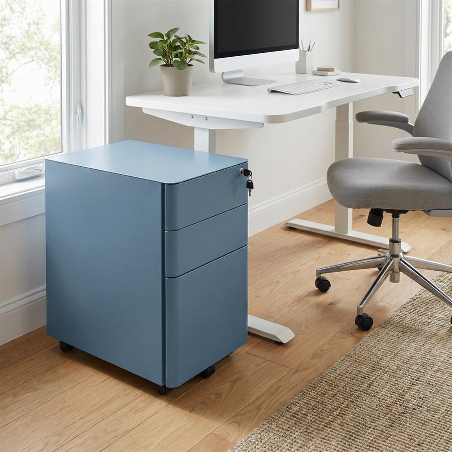 Cassettiera ufficio in acciaio ceruleo con 3 cassetti e ruote 30x50x59,5 cm - Kay