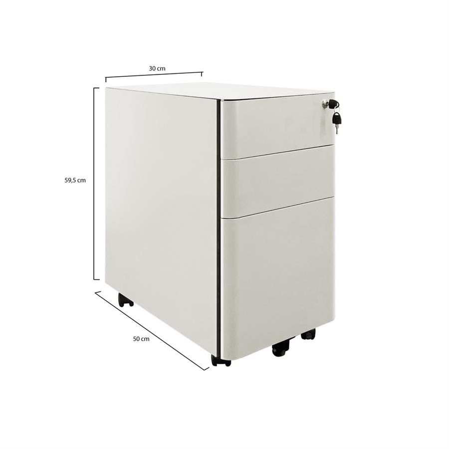 Cassettiera metallo bianca con 3 cassetti e ruote 30x50x59,5 cm con serratura -Kay