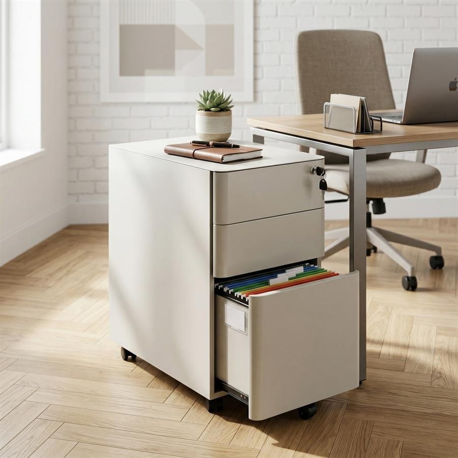 Cassettiera metallo bianca con 3 cassetti e ruote 30x50x59,5 cm con serratura -Kay