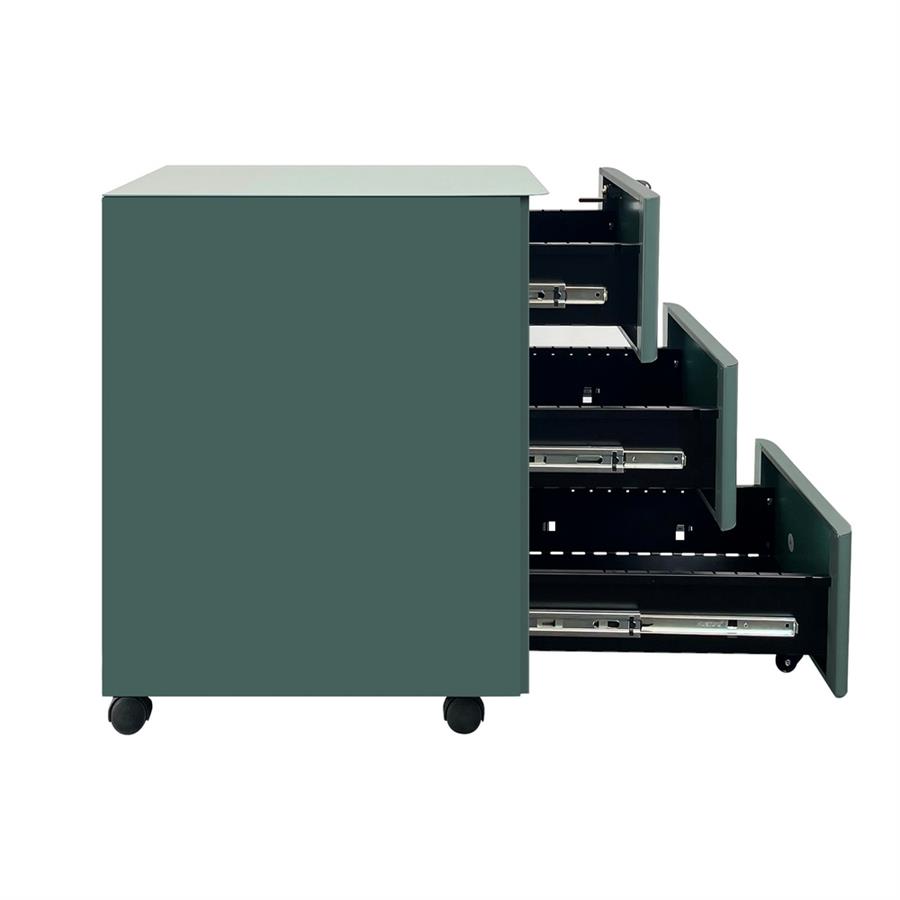 Cassettiera da ufficio in acciaio verdone 3 cassetti con serratura e ruote 30x50x54 cm - Riley