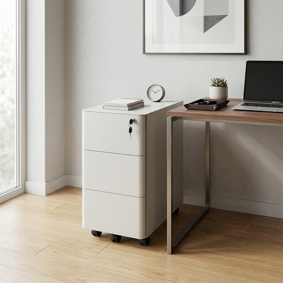 Cassettiera ufficio mobile in acciaio bianco 3 cassetti con serratura 30x50x54 cm su ruote - Riley