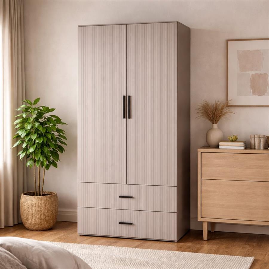 Armadio 2 ante tortora con appendiabiti, cassetti e mensole 87x54x210 cm - Trama