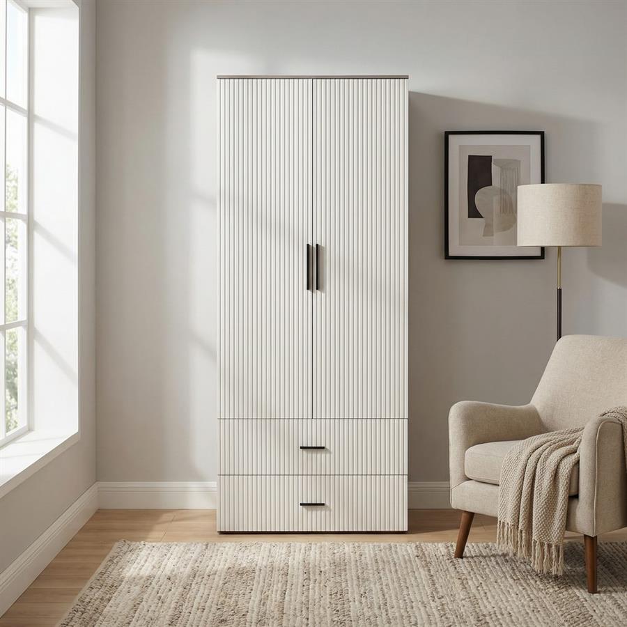 Armadio cannettato 2 ante avorio, con cassetti e mensole 87x54x210 cm - Trama