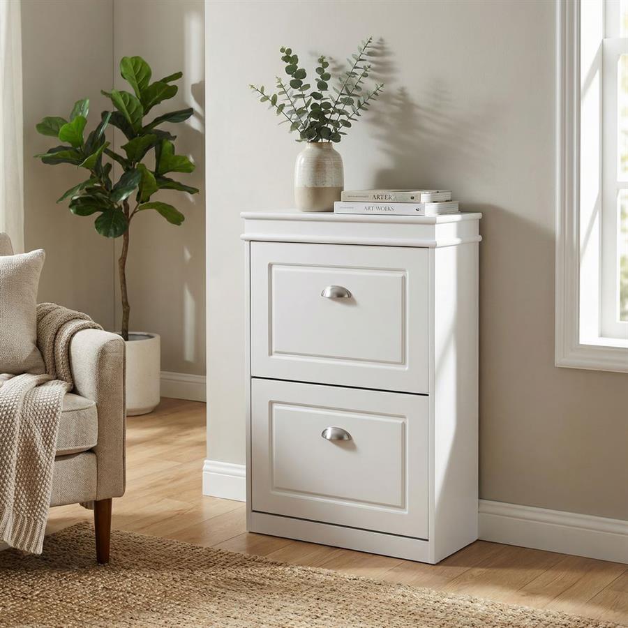 Scarpiera bianca salvaspazio con 2 ribalte 53x24x82 cm design bugnato- Vittoria