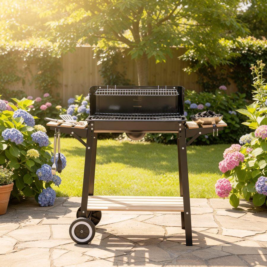 Barbecue a Carbonella Charlie con Ripiani Laterali e Altezza Regolabile 83,5x46x86 cm