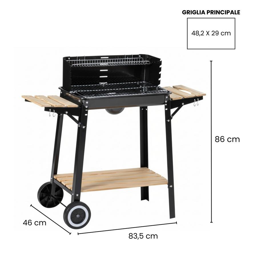 Barbecue a Carbonella Charlie con Ripiani Laterali e Altezza Regolabile 83,5x46x86 cm