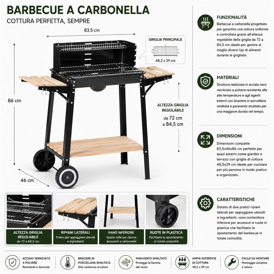 Barbecue a carbonella con ripiani laterali e ruote - Charlie