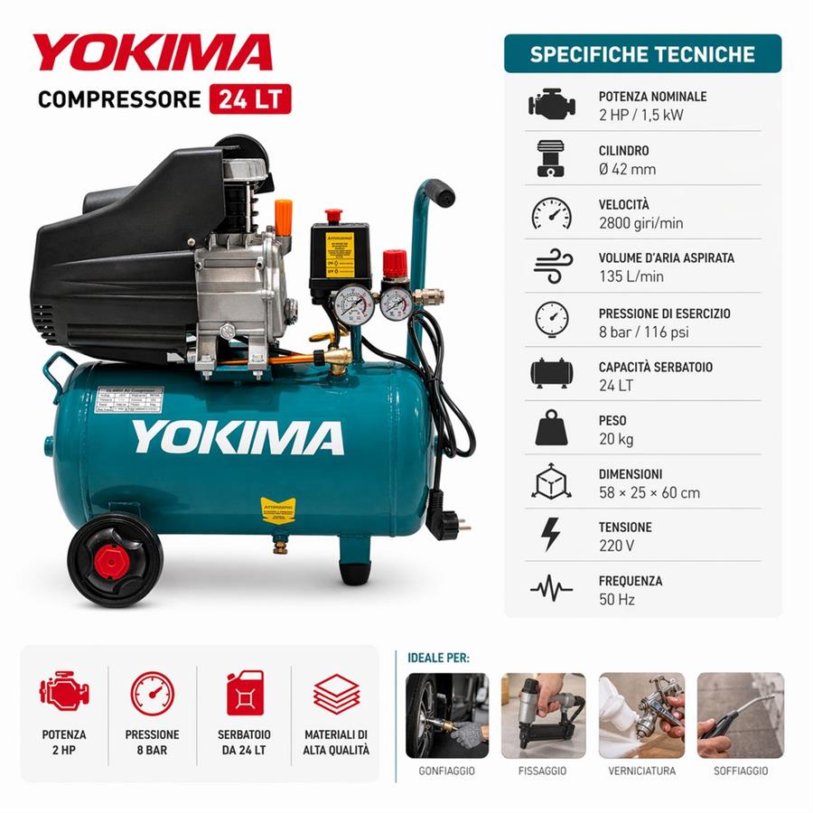 Compressore aria 24L 2HP 8 Bar 135 L/min Compatto 220V - Yokima