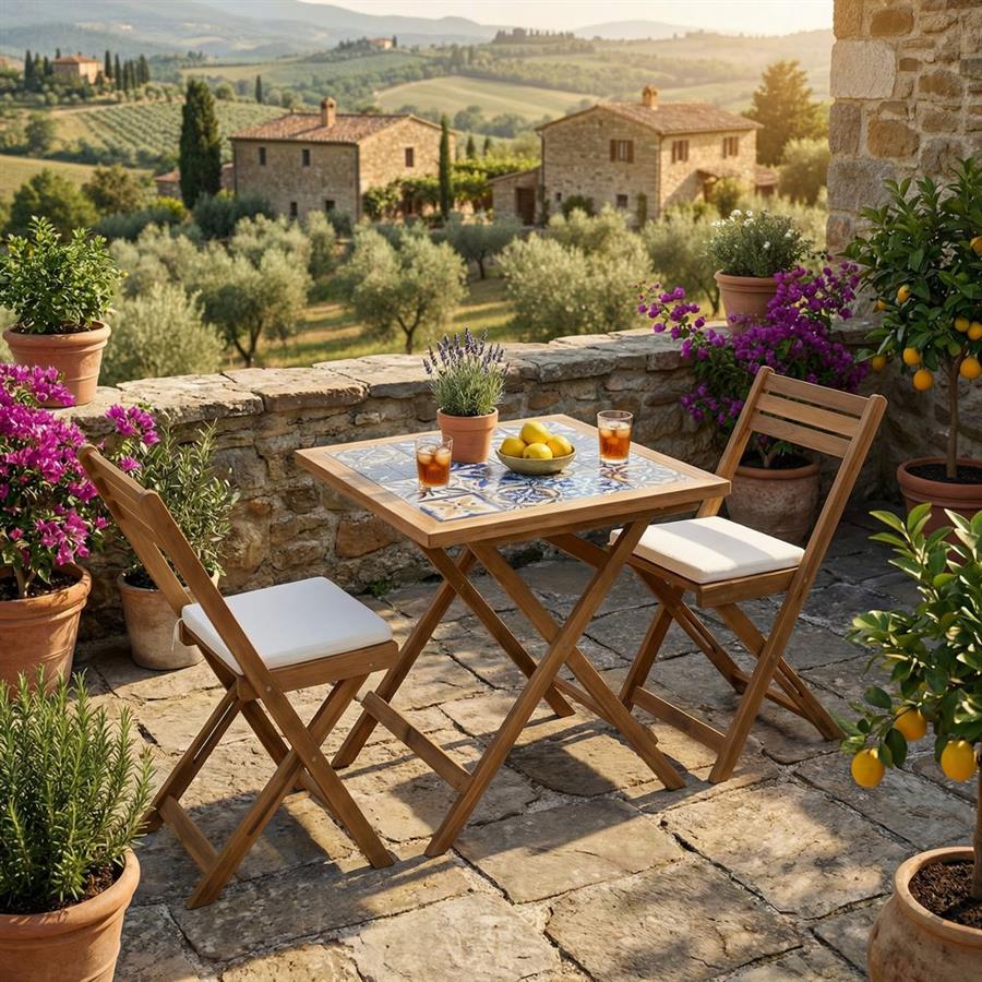 Set tavolo e sedie pieghevoli in legno di acacia con cuscini ecru - Procida