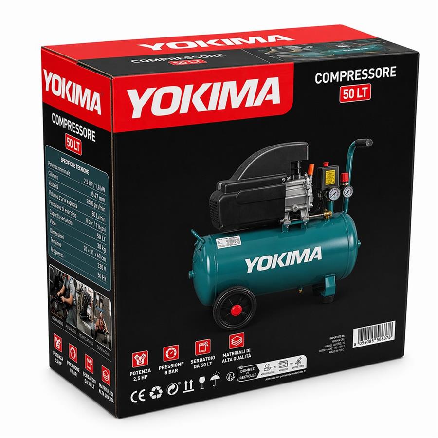 Compressore aria 50 Litri 2,5HP 220V portata 185L/min - Yokima