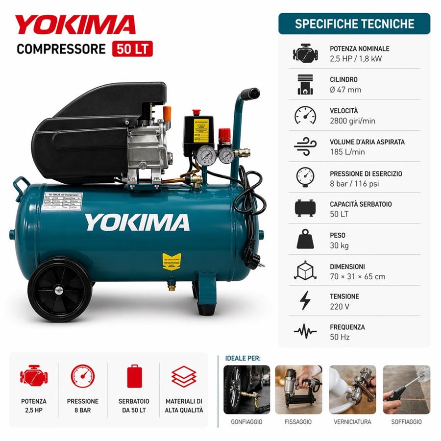 Compressore aria 50 Litri 2,5HP 220V portata 185L/min - Yokima
