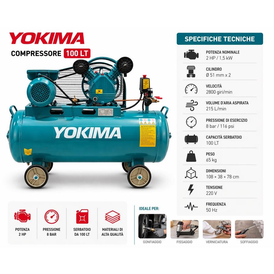 Compressore aria 100L doppio cilindro 8 bar 2HP - Yokima