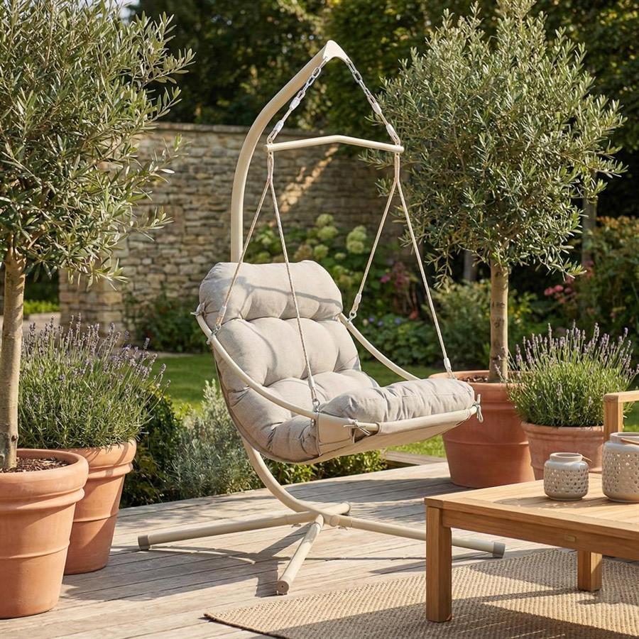 Poltrona sospesa struttura in acciaio bianco con cuscino beige - Essentia
