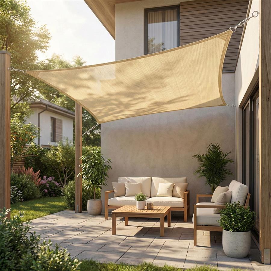 Vela parasole 5x5m beige in HDPE anti-UV con anelli acciaio