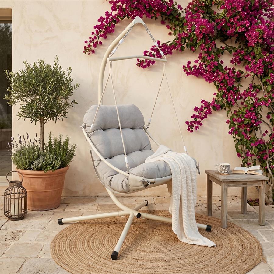 Poltrona sospesa struttura in acciaio bianco con cuscino beige - Essentia