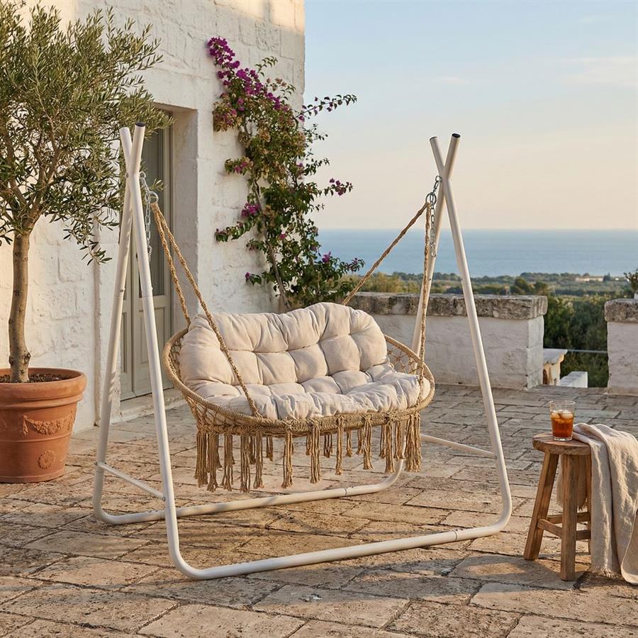 Dondolo 2 posti telaio acciaio bianco con cuscino 170x110x175 cm - Satori