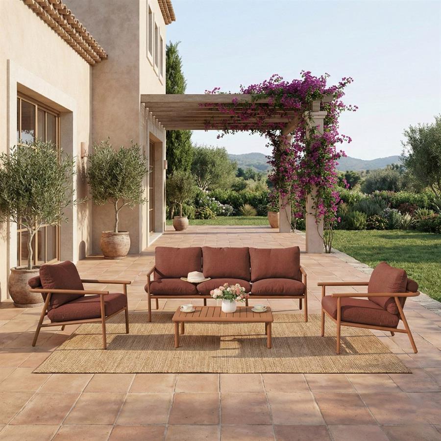Salotto da giardino 5 posti in alluminio effetto legno - Nayara
