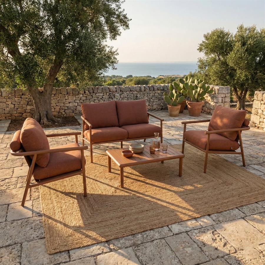 Salotto da giardino 4 posti in alluminio effetto legno - Nayara
