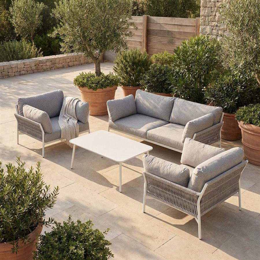 Salotto da giardino 5 posti bianco con corda intrecciata - Mombasa