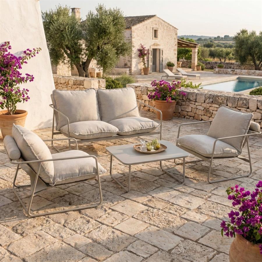 Salotto da giardino 4 posti bianco latte in acciaio - Essentia
