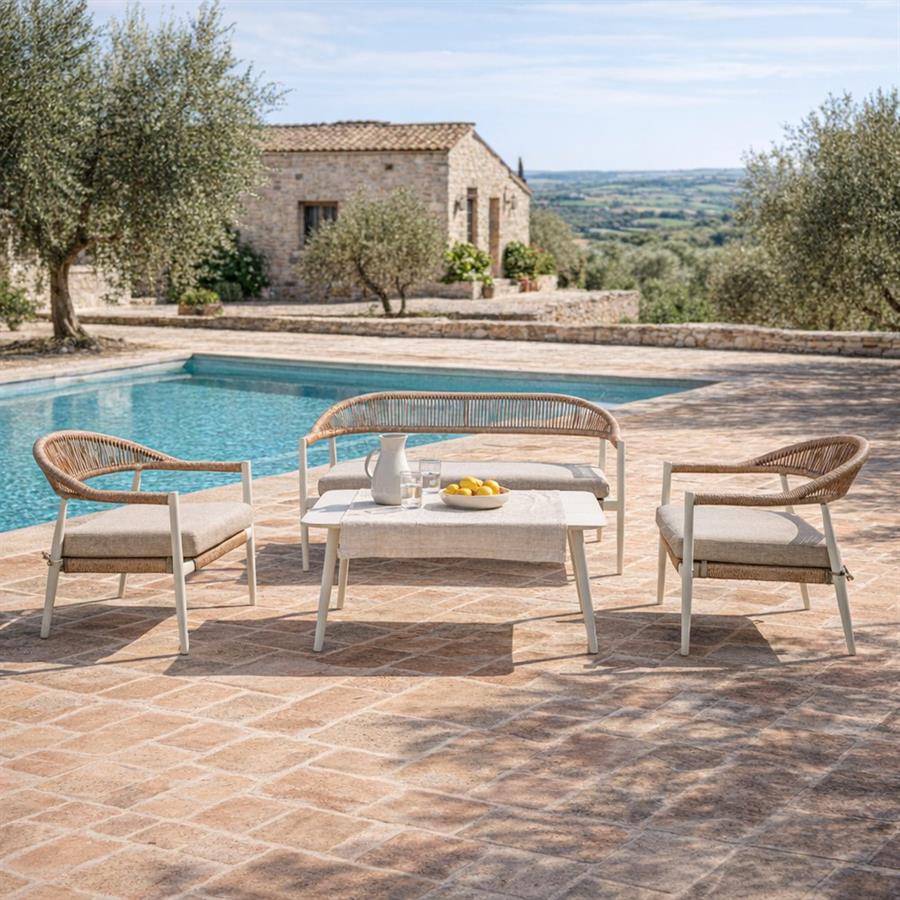Salotto da giardino 4 posti bianco in alluminio e polyrattan -Satori