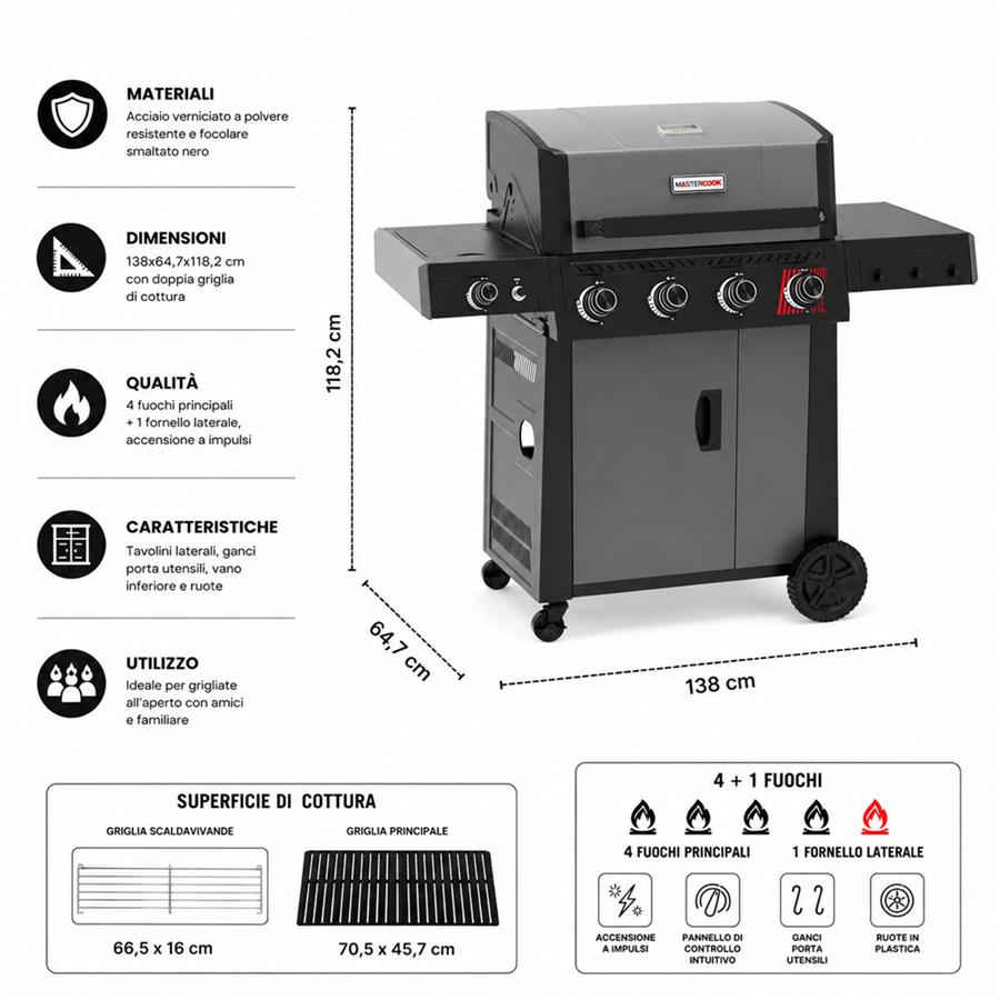 Barbecue a gas con 4+1 fuochi con griglia in ghisa e maniglia inox - Bully
