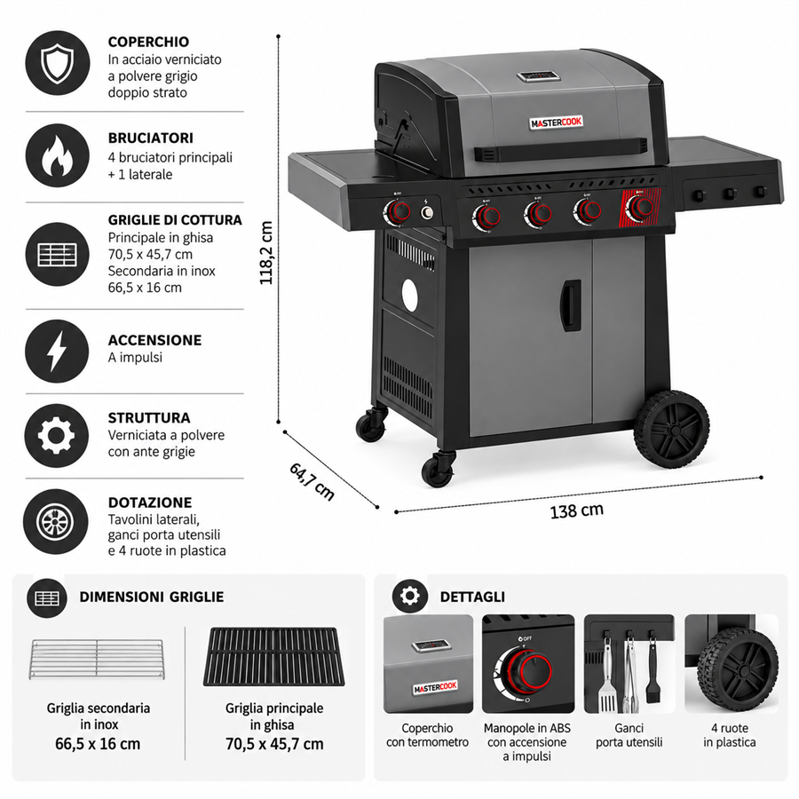 Barbecue a gas con 4+1 fuochi con griglia in ghisa e maniglia inox - Bully