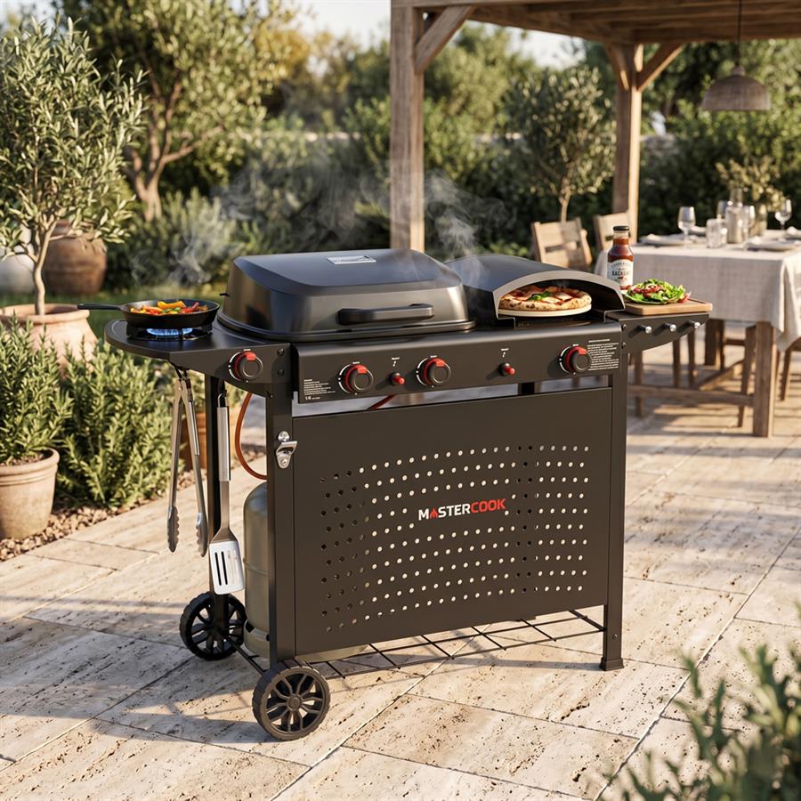 Barbecue a gas con piastra forno pizza e fornello laterale nero - Jolly