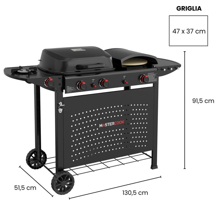 Barbecue a gas con piastra forno pizza e fornello laterale nero - Jolly