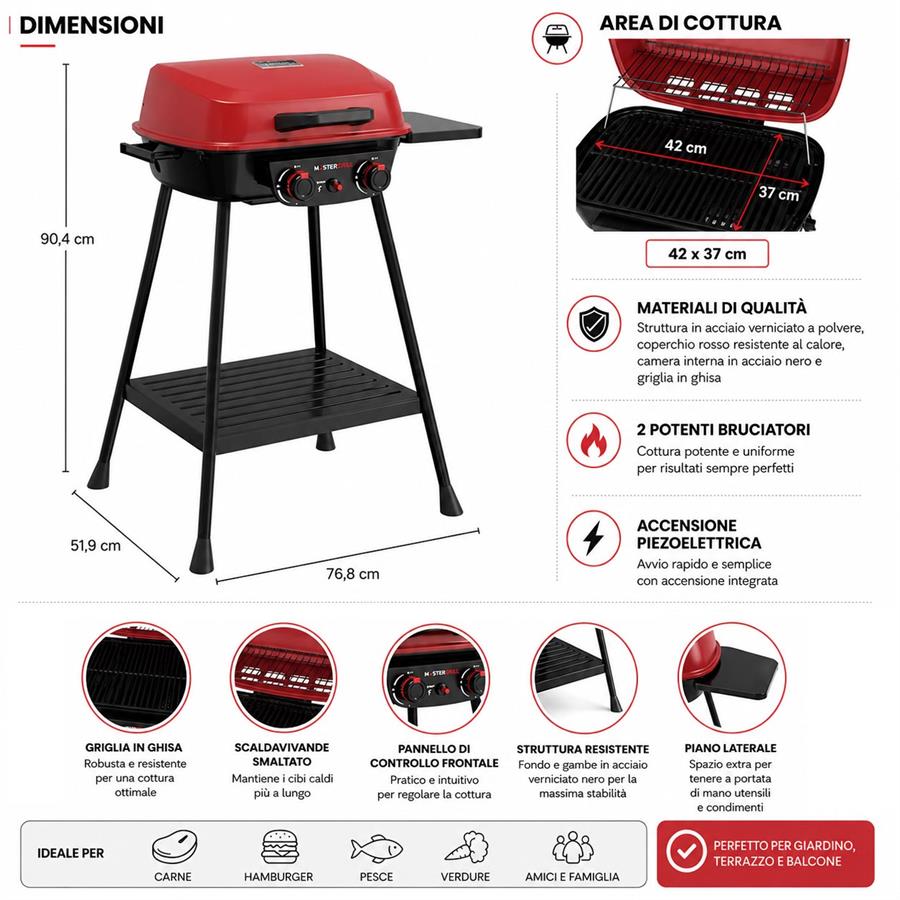 Barbecue a gas 2 bruciatori con griglia in ghisa e coperchio rosso - Pop