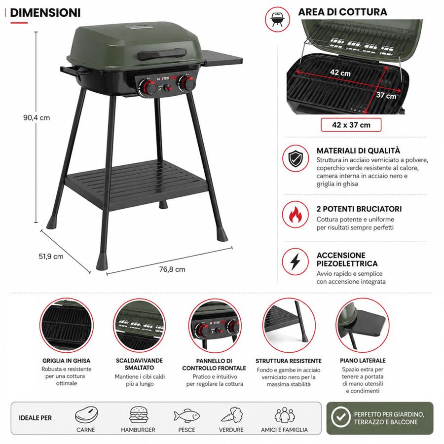 Barbecue a gas 2 bruciatori verde con griglia in ghisa outdoor - Pop