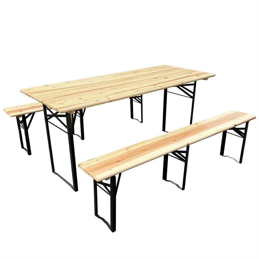 Set birreria pieghevole in legno e acciaio con tavolo e panche