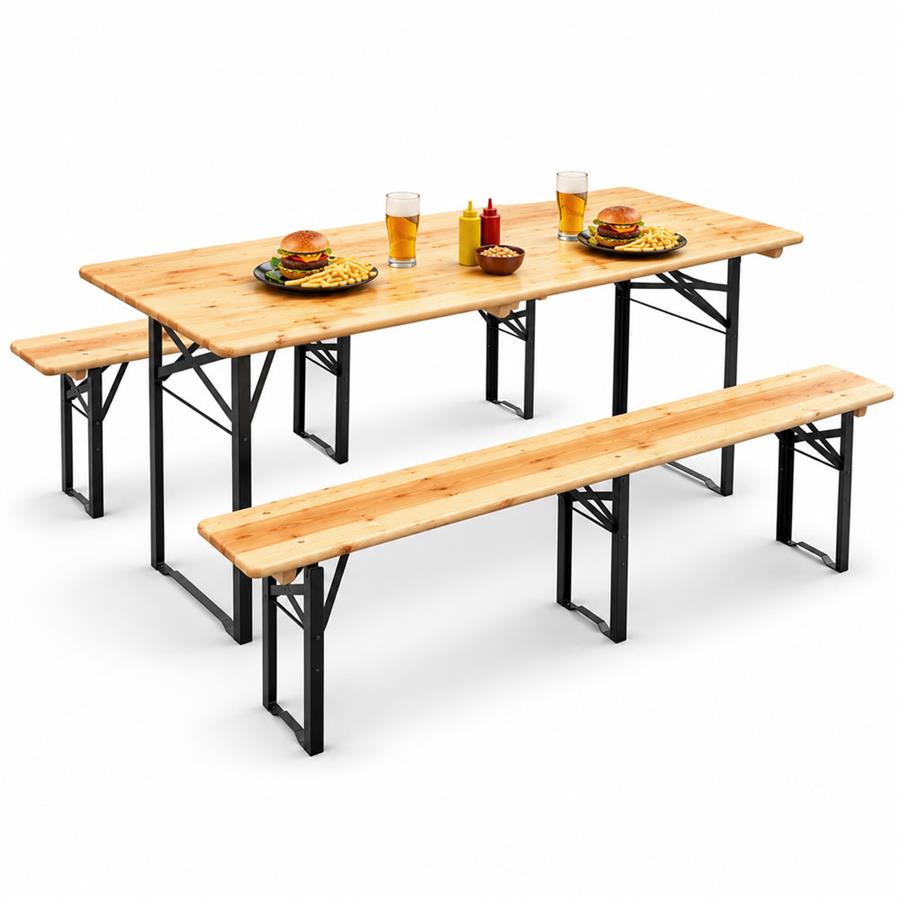 Set birreria pieghevole in legno e acciaio con tavolo e panche