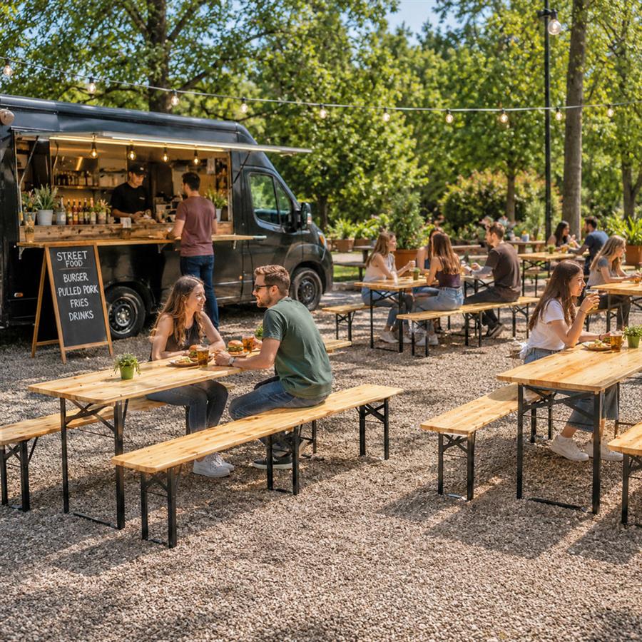 Set birreria pieghevole in legno e acciaio con tavolo e panche