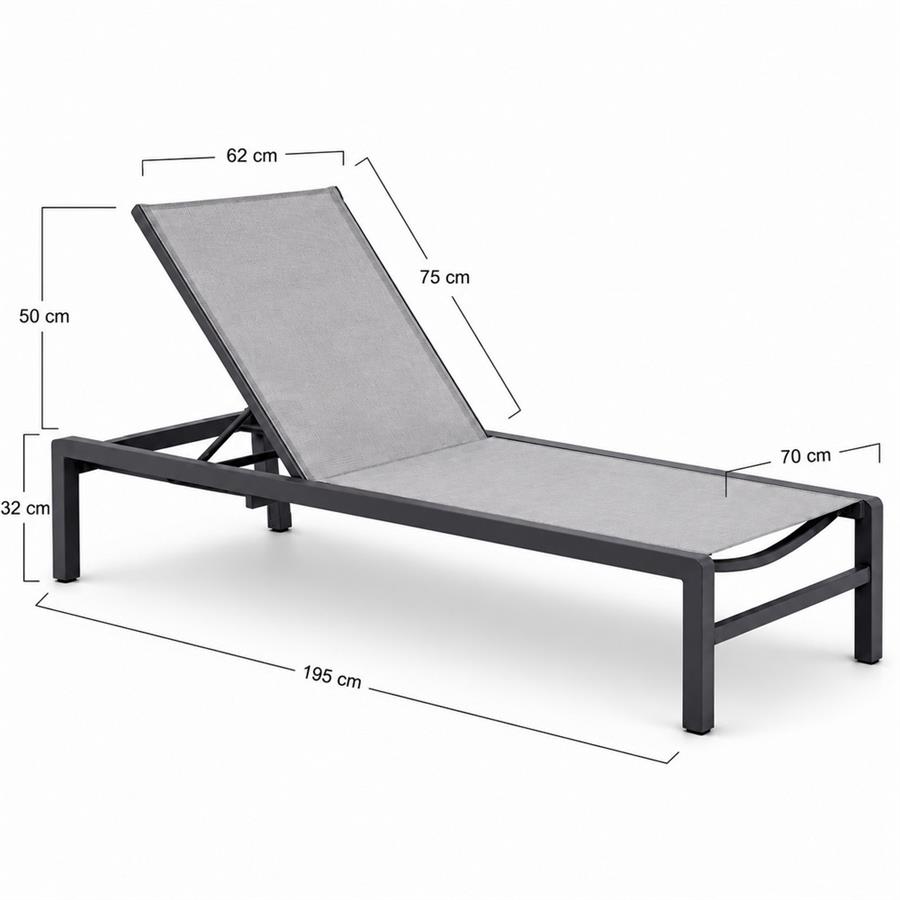 Lettino da esterno in alluminio grigio con schienale reclinabile 195x78x32/90 cm - Chiara