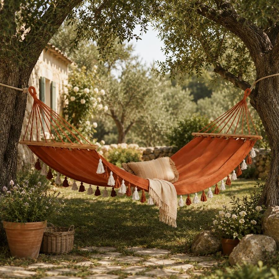 Amaca da esterno con frange e supporto in legno terracotta 100x200 cm - Texas