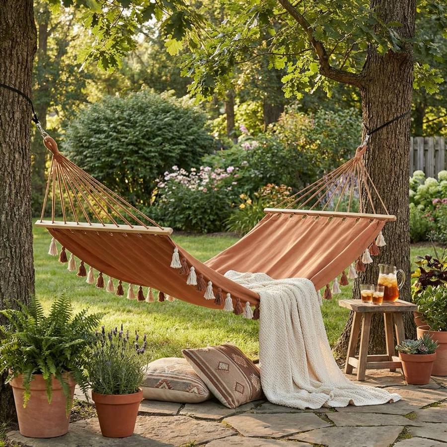 Amaca da esterno con frange e supporto in legno terracotta 100x200 cm - Texas