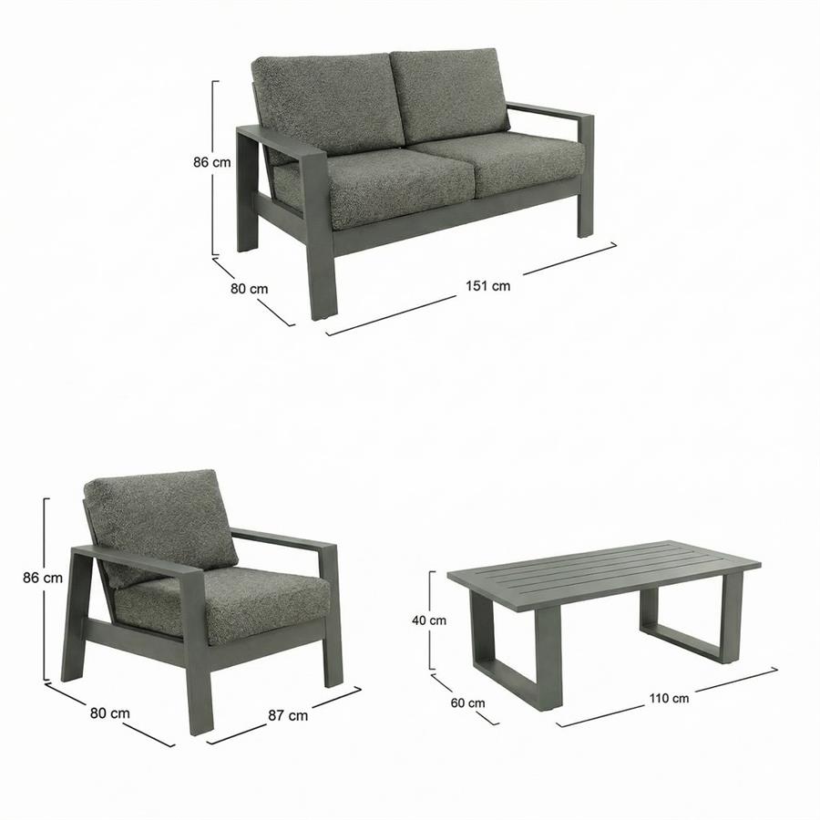 Set giardino 4 posti in alluminio antracite con divano, 2 poltrone e tavolino - Bars