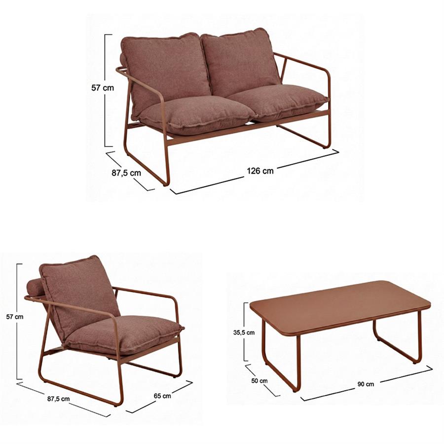 Set salotto da giardino 4 posti in acciaio mocha mousse con cuscini terracotta - Essentia