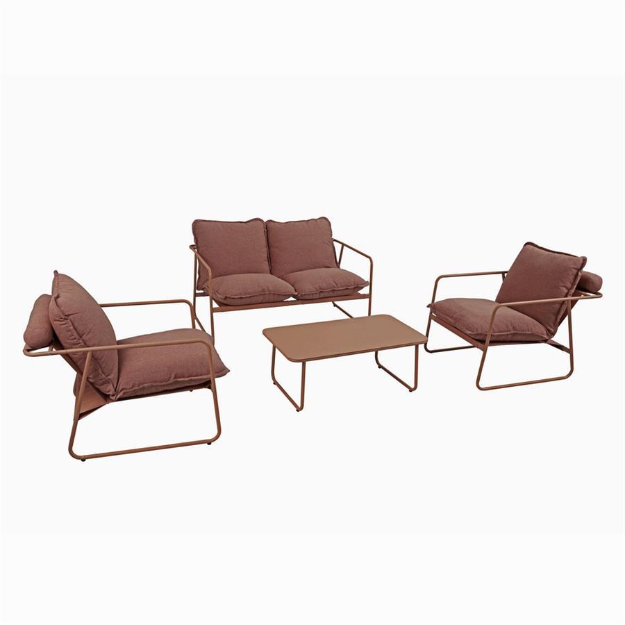 Set salotto da giardino 4 posti in acciaio mocha mousse con cuscini terracotta - Essentia