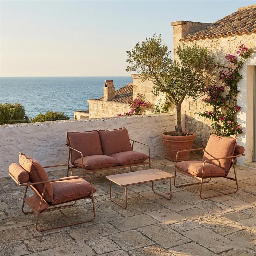 Set salotto da giardino 4 posti in acciaio mocha mousse con cuscini terracotta - Essentia