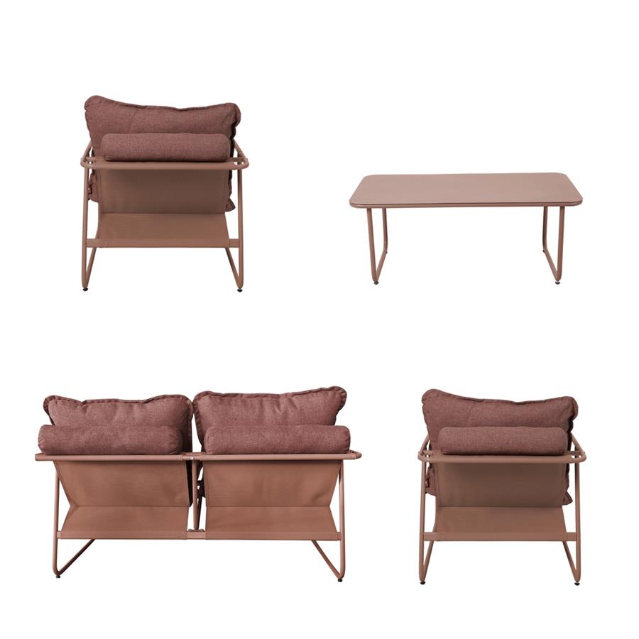 Set salotto da giardino 4 posti in acciaio mocha mousse con cuscini terracotta - Essentia