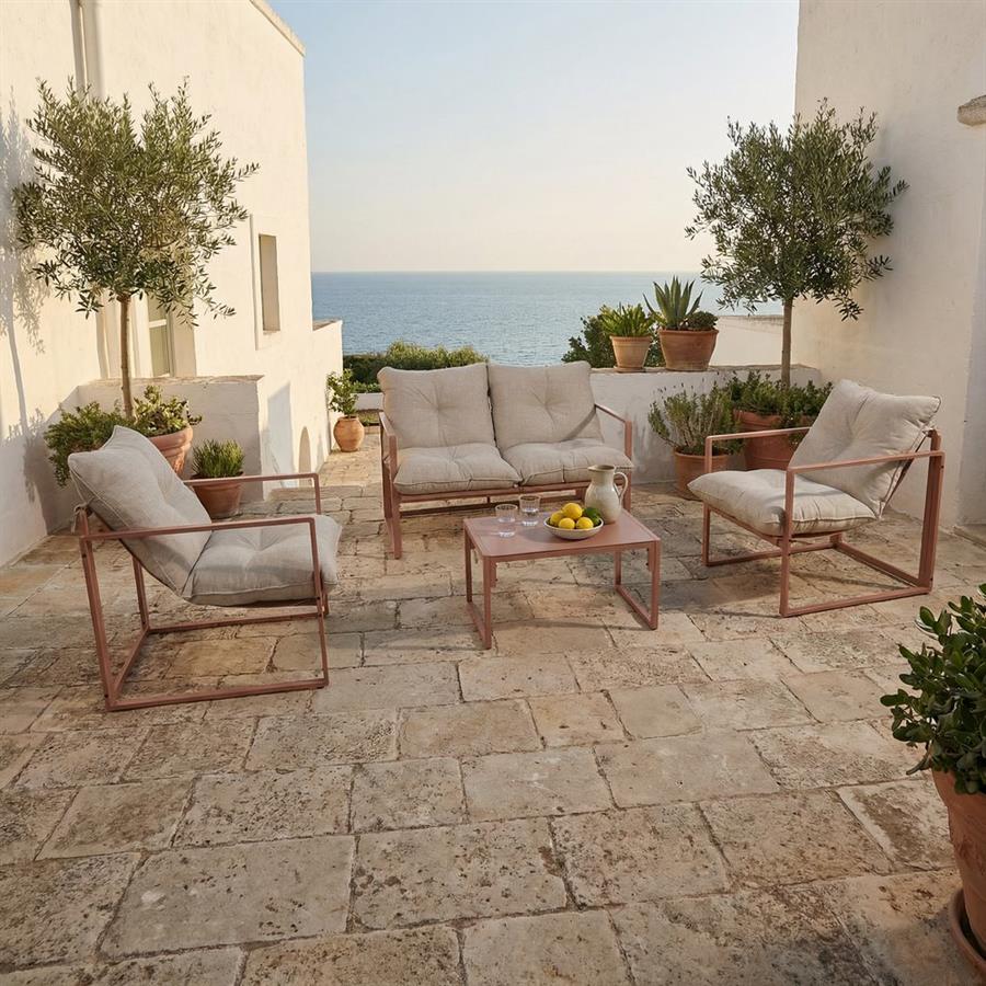 Set salotto da giardino 4 posti in acciaio mocha mousse con cuscini - Squared