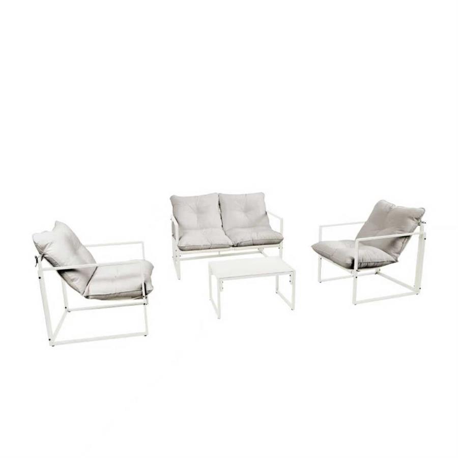 Set salotto da giardino 4 posti in acciaio bianco latte con cuscini - Squared