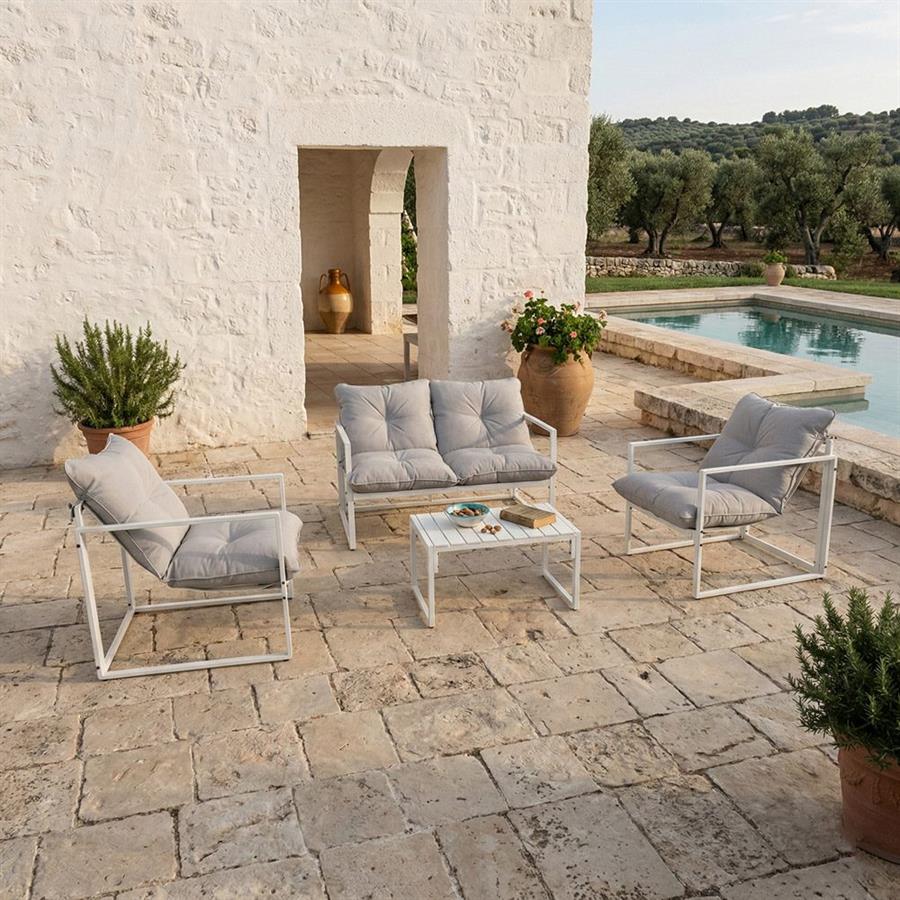 Set salotto da giardino 4 posti in acciaio bianco latte con cuscini - Squared