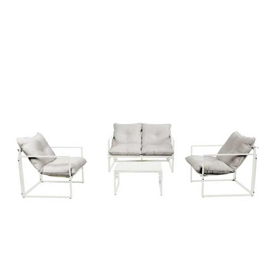 Set salotto da giardino 4 posti in acciaio bianco latte con cuscini - Squared